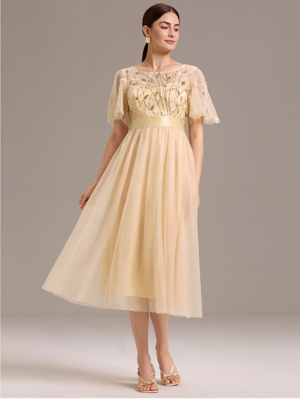 Elegant Cream Tulle Midi Dress with Sequin Bodice - Picture 3 of 3